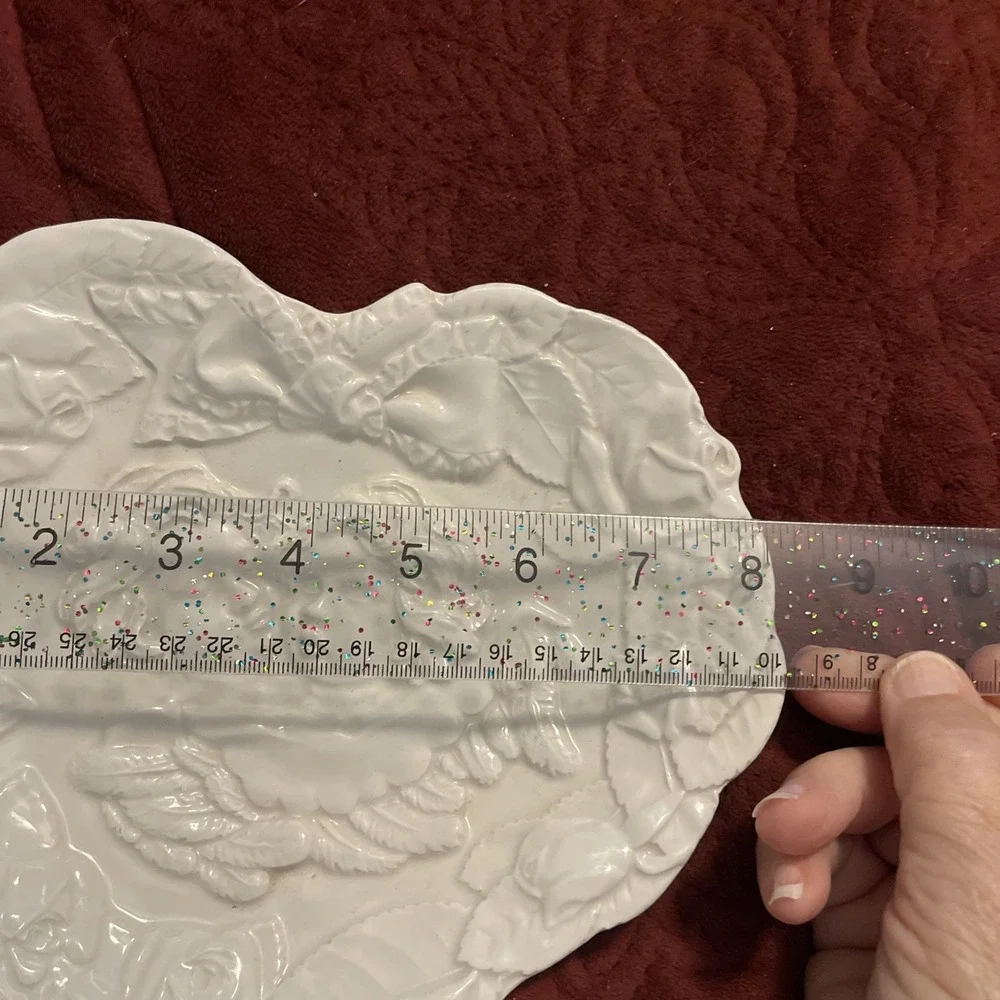 Vintage Heart Shaped Porclaine Plate Dish Raised Cherub Angle Italy‎ #7360 White